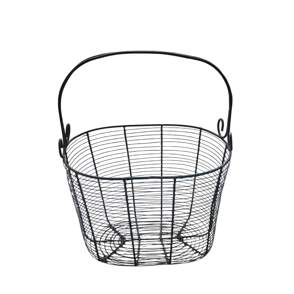 French Farmhouse Vintage Metal Wire Tall Basket Oval Handle Boho Cottage Country
